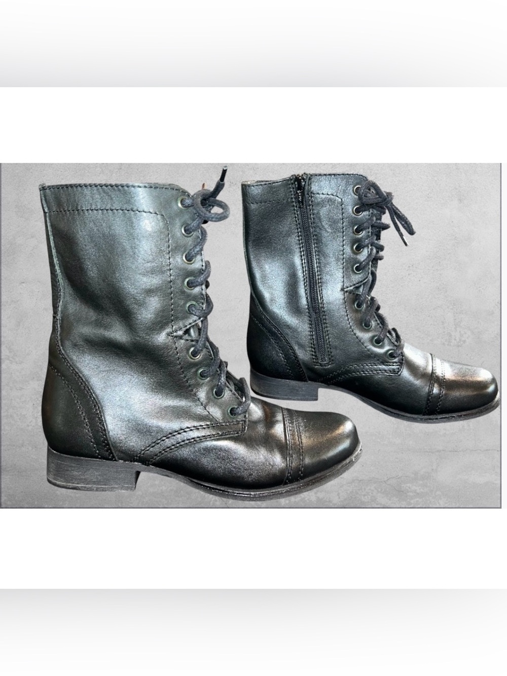 Steve Madden Troopa Combat Boots Black Leather Lace-Up Side Zip